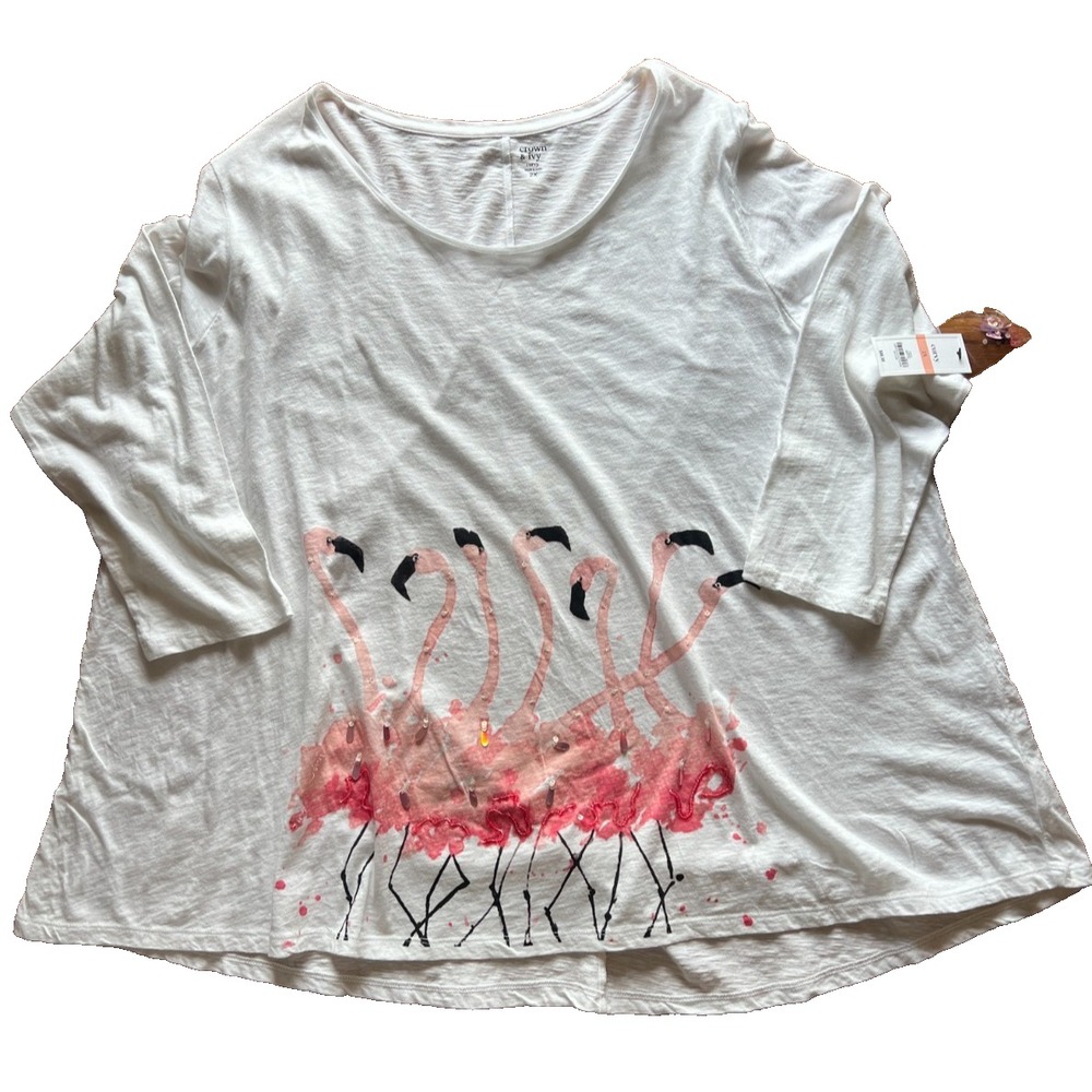 Crown & Ivy Curvy Womens Top White Pink Flamingo Tropic Isle Sequins Size 2X NEW